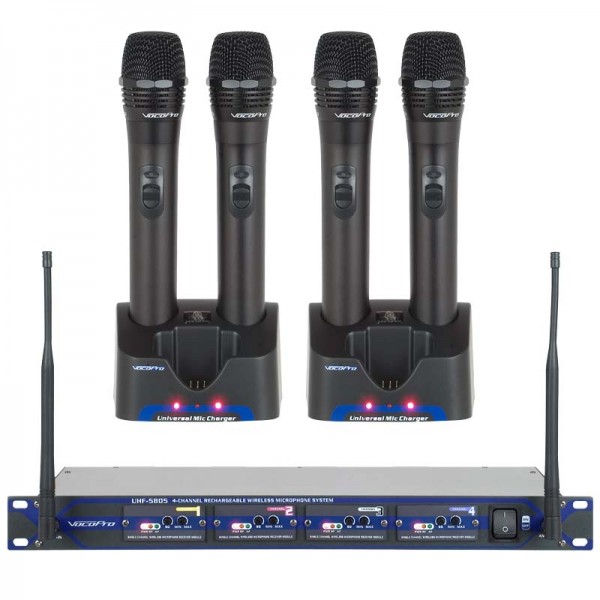 VocoPro UHF-5805 Professional Rechargeable 4-Channel UHF Wireless Microphone System (900MHz)